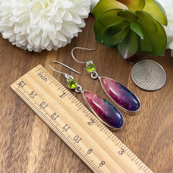 Peridot and Rainbow Quartz Gemstone Earrings Sterling Silver 925 New - Picture 7 of 7